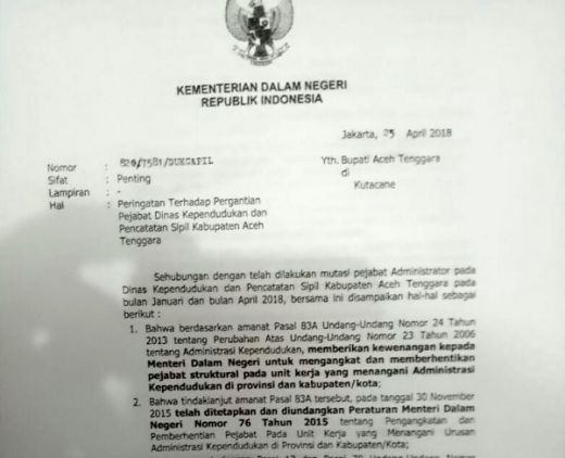 Surati Bupati Agara, Kemendagri Desak Pembatalan Mutasi 3 Pejabat Disdukcapil