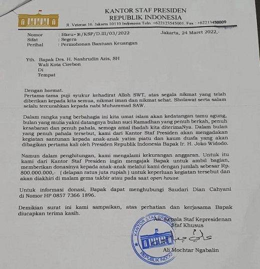 Viral, Surat Catut Nama Ali Ngabalin Minta Rp800 Juta ke Wali Kota Cirebon