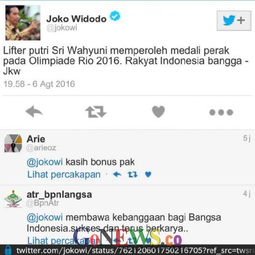 Lewat Akun Twitternya, Jokowi Mengaku Bangga Sri Wahyuni Raih Medali Perak Olimpiade 2016
