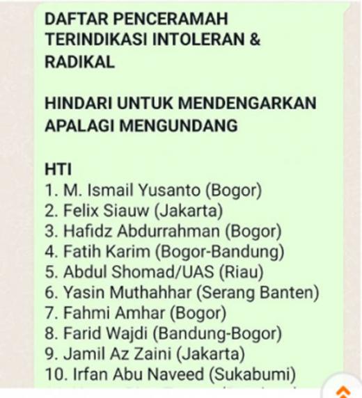 Beredar di Banyak WhatsApp Grup Daftar 180 Penceramah Radikal, UAS Nomor 5