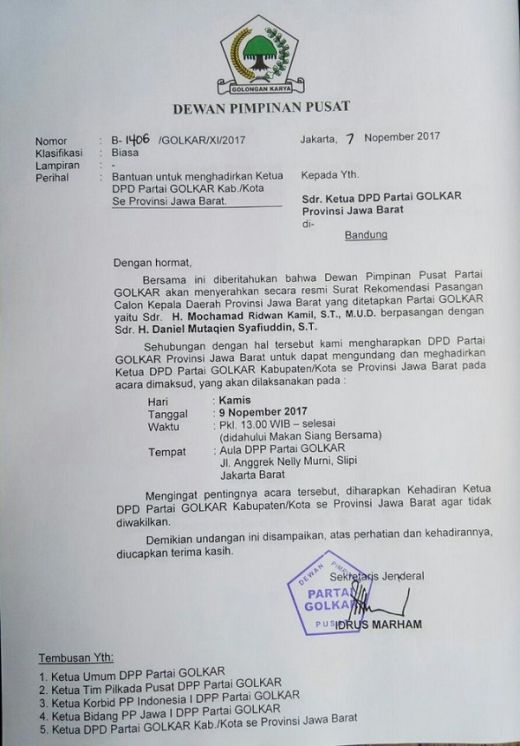 DPP Serahkan SK Dukungan Emil-Daniel di Jakarta, Kader Golkar Jabar Geram