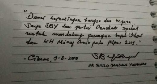Tulisan Tangan SBY Dukung Jokowi-Maruf, Partai Demokrat Pastikan Hoax