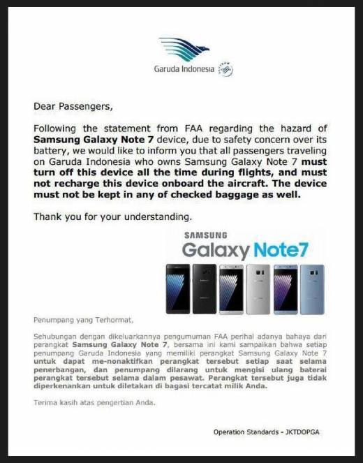 Rawan Terbakar, Garuda Indonesia Larang Penumpang Nge-charge Galaxy Note 7 di Pesawat