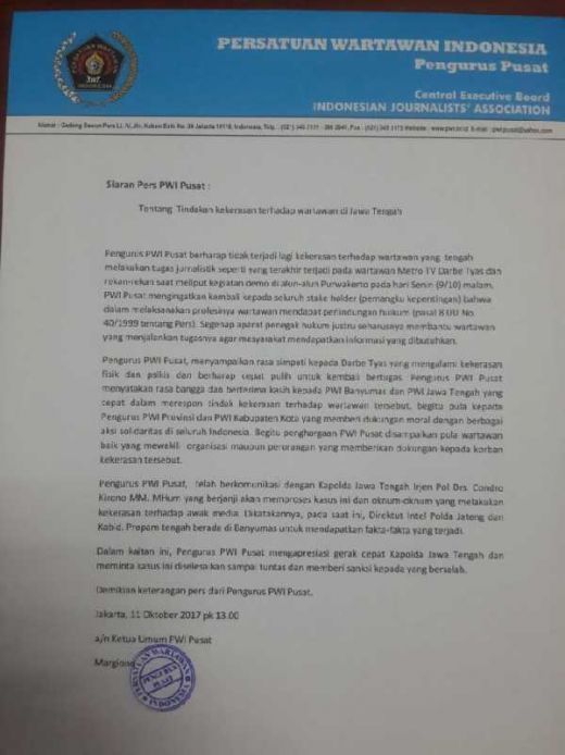 Kecam Kekerasan terhadap Wartawan di Purwokerto, PWI Desak Polisi Segera Usut Tuntas