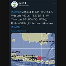 Gempa 6,4 SR di Situbondo Tak Berpotensi Tsunami
