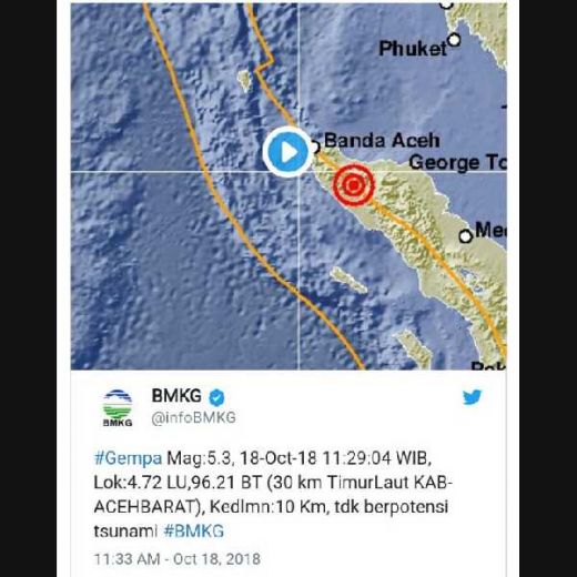 Gempa Kekuatan 5,3 Skala Ricther Guncang Aceh Barat dan Lhokseumawe