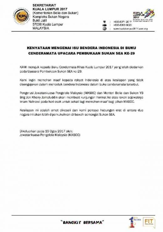 Menpora Bilang, Malaysia Sudah Minta Maaf Soal Bendera Terbalik